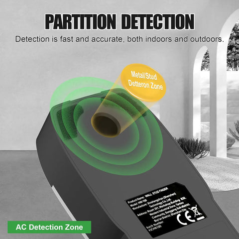 6 in 1 Stud Finder Wall Scanner displaying partition detection features for accurate indoor and outdoor use.