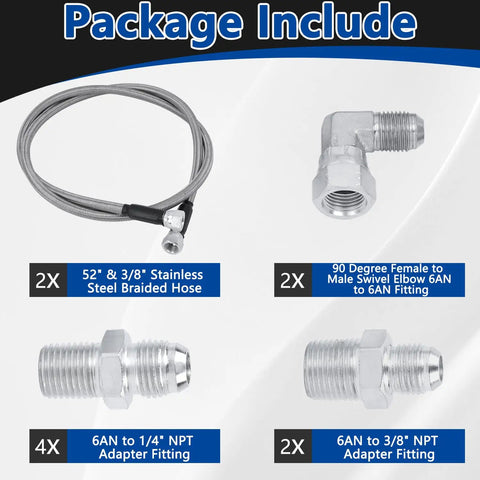 6AN 52 Inch Transmission Cooler Hose Line Kit With Dope Stainless Steel Braided PTFE Lines For GM Chevy Ford GMC Buick Cadillac Cars And Trucks Replace TH350 TH400 700R4 4L60 4L60E 4L80E components shown