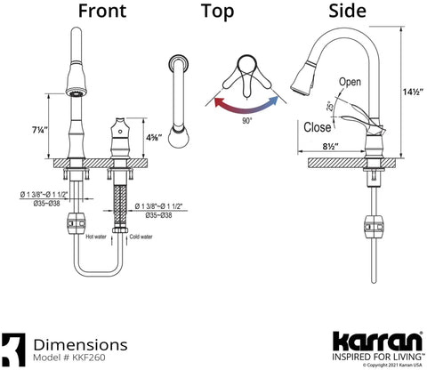 Technical drawing of Hillwood Single Handle Two Hole Kitchen Faucet With Pull Down Sprayer Chrome Finish dimensions and installation angles