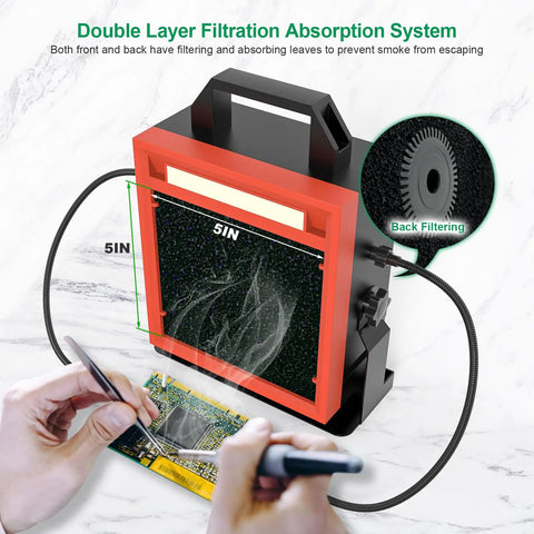 Pro-Grade Solder Fume Extractor With LED Light And Two Helping Hands showing double layer filtration and soldering setup