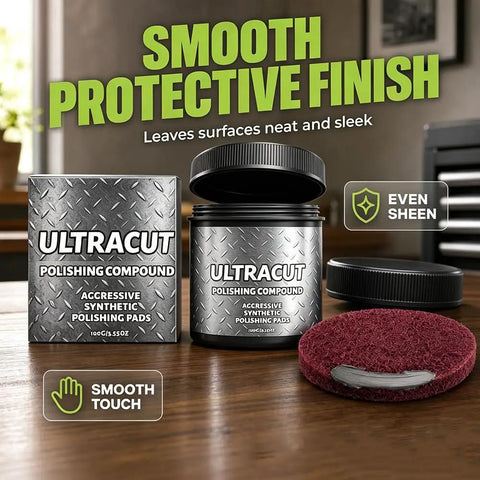 No Sweat All In One Surface Restoration Polish With Buffing Pad, packaging and synthetic polishing pad on wood surface.