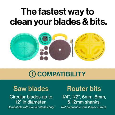 BladeClean Saw Blade And Router Bit Cleaning Kit System With CPR Disc Set, cleaning components displayed