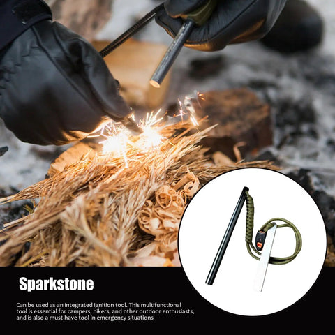 Hands using 6 Inch Survival Fire Starter Ferro Rod With 3/8 Inch By 6 Inch Size for ignition in camping scene