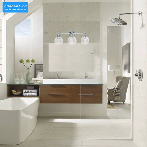 Bathroom with Three Light Chrome Vanity Light Fixture For Bathroom Powder Room Wall Sconce With Globe Glass Shades Modern Farmhouse Style Fits Single Or Double Vanities E26 Base Bulbs Not Included above sink