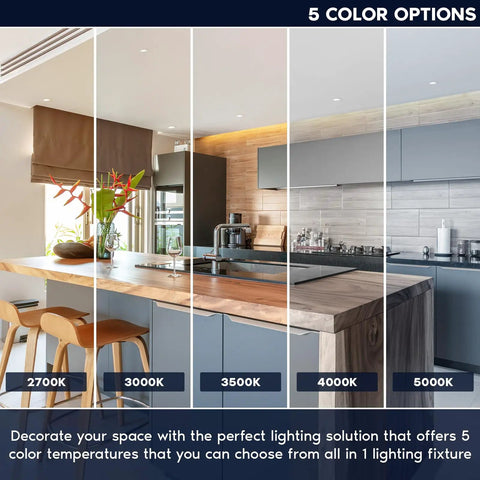Interior kitchen showcasing 5 color temperature options for 3 Inch LED Regressed Canless Spotlight With Swappable Trim Versatile 5Cct Tunable Light.