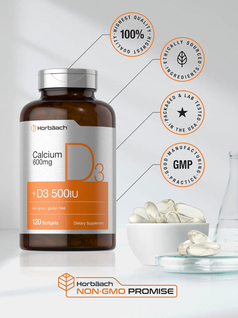 Calcium With Vitamin D3 600 Mg Softgels For Strong Bones And Daily Health Non GMO Gluten Free 120 Count bottle and softgels
