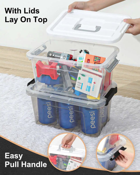 Clear Plastic Storage Bins With Lids 7 Quart Transparent Stackable Organization Containers pantry toys inside stacked with lids