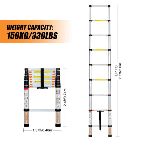 8.5ft Aluminum Telescoping Ladder For Home And Outdoor Use, Extension Folding Multipurpose Ladder Supports 330 Lb