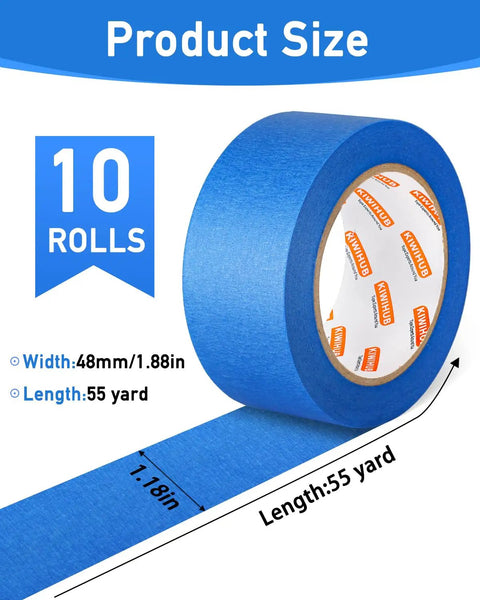 Pro-Grade Blue Painter Tape 0.94 Inch, 18 Rolls, Medium Adhesion, showing a roll with product dimensions and packaging details.