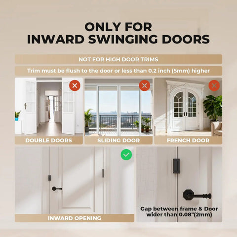 Graphic showing compatibility of 3 Pack Boss Level Door Reinforcement Locks with Heavy Duty Adjustable Screws for inward swinging doors.