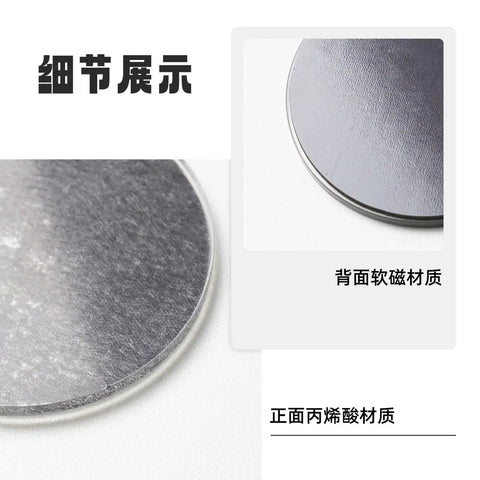 Close-up of Funny Kitchen Quote Round Acrylic Fridge Magnet Decor 2.3 Inch Clear Front With Soft Backing on metal surface
