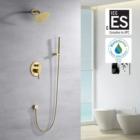Top Notch Brushed Gold Shower Faucet System With A Sleek Eight Inch Rainfall Head Pumping High Pressure And Equipped With Slick Silicone Nozzles