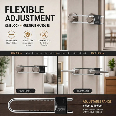 Premium French Door Security Brace With Adjustable Steel Kickstop And Keyed U Bars, showcasing flexible adjustment on round and lever handles.