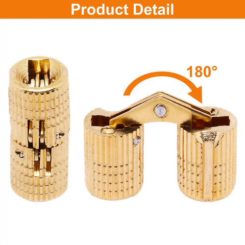 Top Shelf Solid Brass Hidden Barrel Hinges With A Dead Nuts Concealed Fit And Heavy Duty Smooth Swing For Easy Install On Woodworking Craft Jewelry Boxes Pack Of Four, showing 180-degree rotation and gold finish.