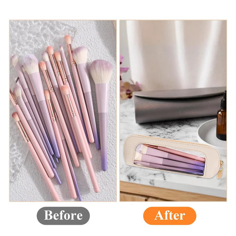 Before and after of makeup brushes in a Stylish Beige PU Leather Travel Makeup Bag, Super Portable Transparent Waterproof Cosmetic Organizer Pouch with Zipper for Women, Perfect for Home, Office, and Daily Adventures, Compact Design Holds Brushes and Essentials Easily, Essential On-The-Go.