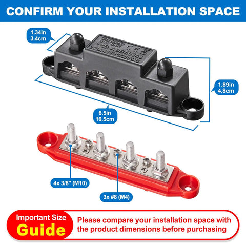 Heavy Duty 12V Bus Bar Power Distribution Block Packing 250A Peak Current And Stainless Steel Terminals with dimensions displayed.