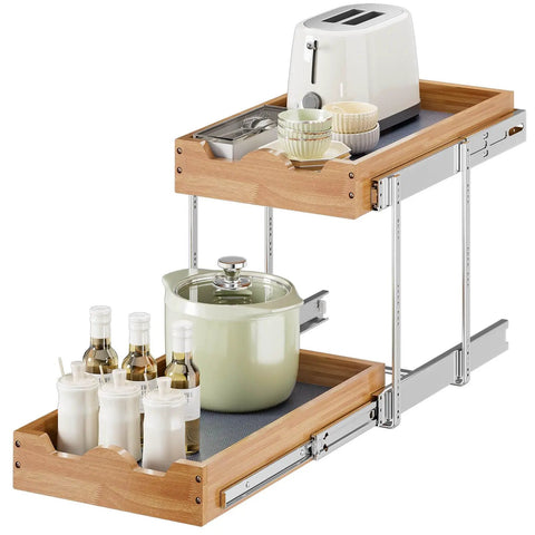 The Real Deal Heavy Duty Two Tier Pull Out Cabinet Organizer With Super Smooth Gliding Wood Shelves, 14x21 inches, holding a toaster and pots.