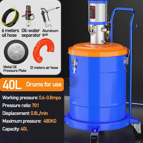Shop Ready Pneumatic Grease Pump With Barrel Tank, 19 Inch Durable Hose And Pistol Grip Gun, 0.8L Per Minute Flow, 70 To 1 Pressure Ratio For Grease Monkey Daily Tasks And Heavy Trucks, displaying 40L capacity and oil-water separator.