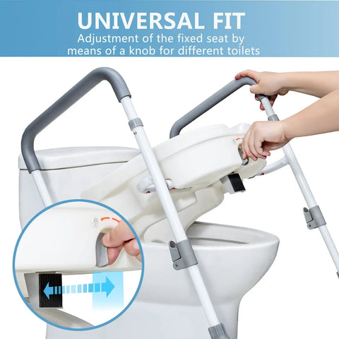Super Steady Raised Toilet Seat With Secure Grab Bars And Anti Tip Legs Adds Five Inch Lift For Seniors adjusting for different toilet models.