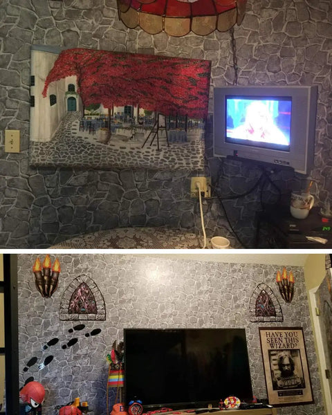 Dark Grey Castle Stone Peel And Stick Wallpaper Roll 20m Self Adhesive Rock Texture in TV room decor.