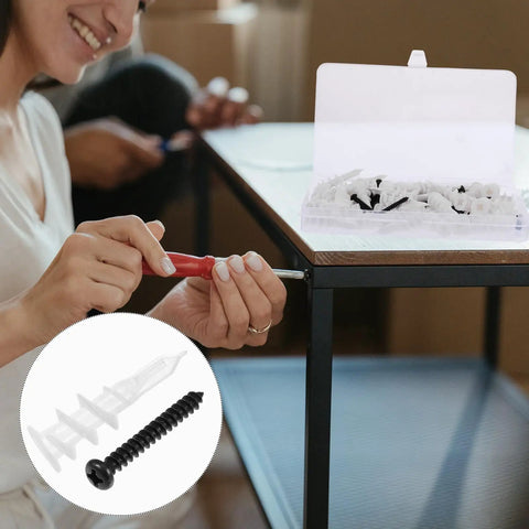 Drywall Anchor Kit With Self-Tapping Screws And Plastic Anchors, Zinc And Plastic Materials, Strong Bond For Lightweight Concrete And Gypsum Walls, 100 Piece Set, Easy To Install And Remove, Great For Shelves And Decor. Anchors and screws in box, installed on shelf