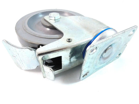 4 Inch Swivel Caster With Total Lock Brake And Non Marking Soft Gray Rubber TPR Wheel Hella Smooth Rolling Heavy Duty Steel Plate Mount angle view.