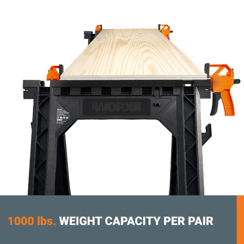 Integrated Bar Clamp Sawhorses with wood plank, 1000 lbs weight capacity, showing custom clamps for vertical or horizontal setups