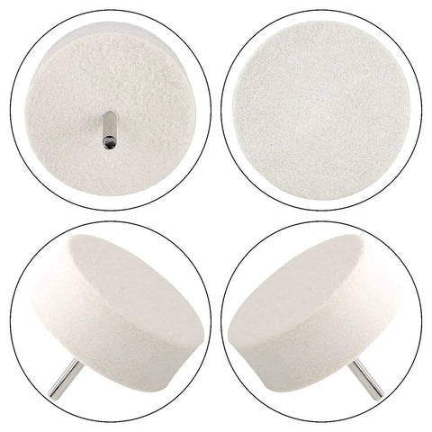 Pro Grade Three Inch Wool Felt Buffing Wheel With Quarter Inch Shank For Rotary Tools Die Grinders And Drills, showing top and side views.