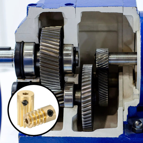 Close-up of a gearbox with brass worm gear set 10:1 for DIY builds