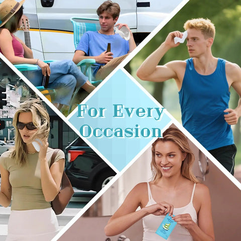 Collage of people using Travel Body Wipes 80 Pack Individually Wrapped Deodorant Shower Wipes for active lifestyles