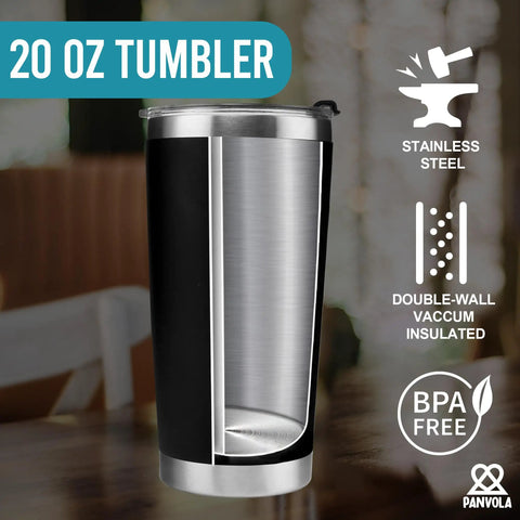 How To Get An Engineer's Attention 20 Oz Vacuum Insulated Stainless Steel Tumbler Black with graphics showing features