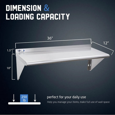 Heavy Duty Stainless Steel Wall Mount Shelf 12X36 Inch NSF Certified Rust Proof Storage Rack with 250 lb capacity