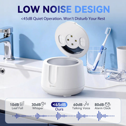 48kHz Ultrasonic Retainer Cleaner Machine For Dental Care Deep Clean Retainers Dentures Braces Mouth Guards Night Guards With Micro Bubble Cleaning Power Gentle Safe Professional Home Use Keeps Aligners Sparkling, white countertop unit