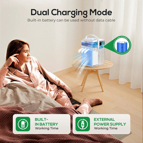 Woman relaxing in bed by 4 In 1 Portable Evaporative Air Cooler With App Control, highlighting dual charging mode on a table.