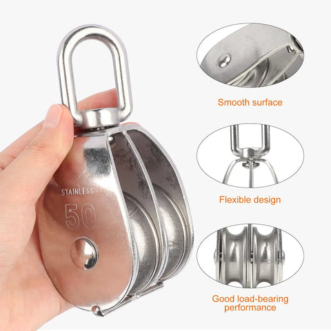 M50 Double Sheave Pulley Block 304 Stainless Steel 2 Pack With Swivel Hook For Heavy Duty Lifting shown in hand