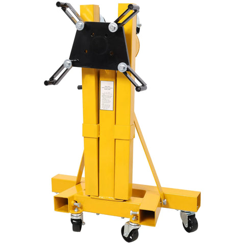 Tough As Nails 1500 LB Engine Hoist Stand featuring geared 360 degree swivel head in yellow with smooth six wheel mobility base.