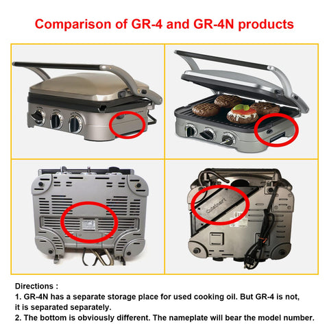 Comparison of GR-4 and GR-4N contact grills showing cooking controls and design features.