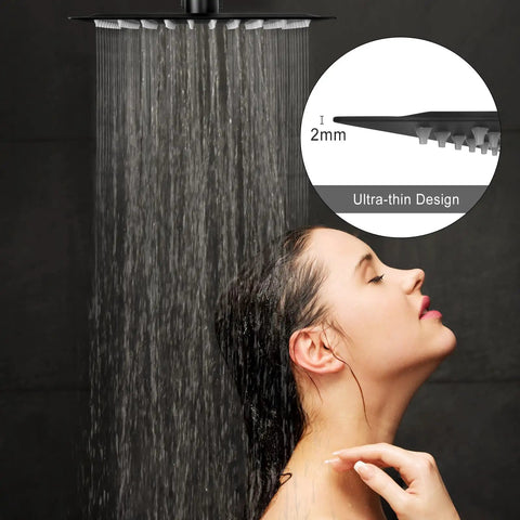 Woman enjoying Matte Black Concealed Shower Set with Built-In Pressure Balance Valve, Ultra-Thin 8-Inch Rain Shower Head in action