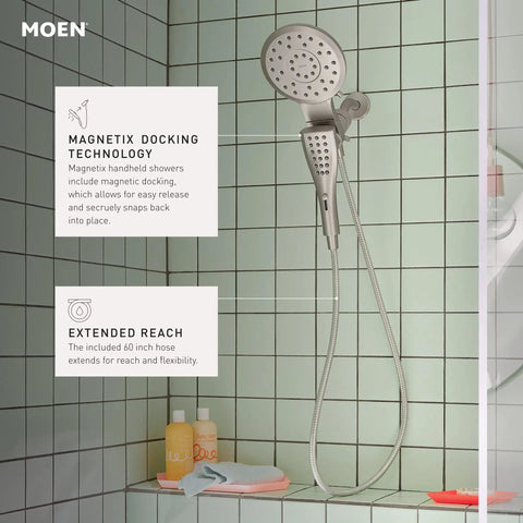 Spot Resist Brushed Nickel Dual Showerhead And Handshower System with Magnetix docking in modern shower