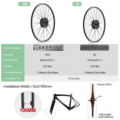 Comparison of 700C and 26-inch wheels for 48V 500W Front Hub Ebike Motor Conversion Kit With Battery And Display, specs shown