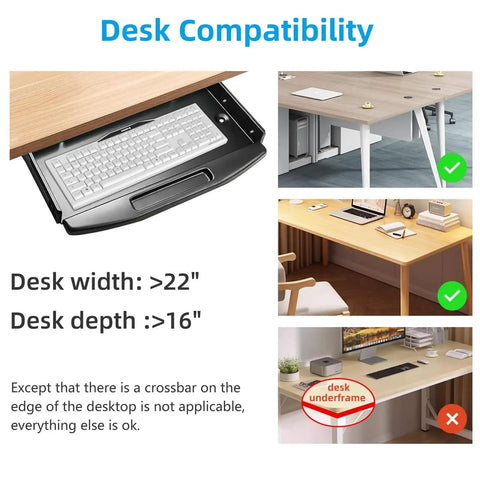 Heavy Duty Under Desk Keyboard Tray With Super Slick Glide Mechanism And 360 Rotating Mouse Platform Built Like A Tank For An Ergonomic Home Office Desk Setup At 28 Inches Long, shown installed under a desk.