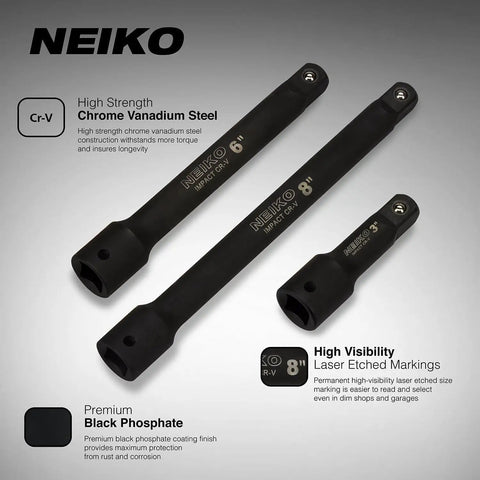 Half Inch Drive Impact Extension Bar Set With Three Extensions In 3 Inch 5 Inch And 10 Inch CRV Steel For Tough To Reach Bolts On Cars