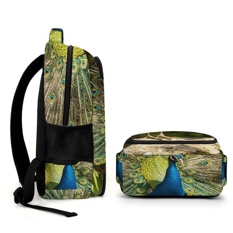 Side and bottom view of Go To Everyday Carry Unisex Peacock Print Backpack with Full Tail Spread Design, large capacity, polyester, zipper closure