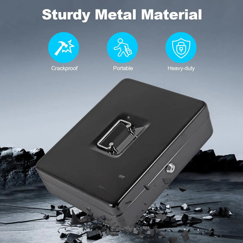Locking Cash Box With Money Tray And Key, Heavy Duty Metal Cash Organizer For Small Biz, Large XL Black on cracked ground