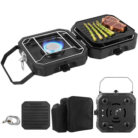 Dual Burner Propane Camping Stove With Piezo Ignition, Portable Folding Grill, Windproof Outdoor Stove With Carry Bag, 16000 BTU