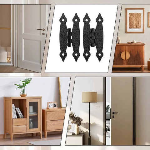 4 Pack Matte Black Antique Iron Decorative Hinges Vintage H Shape Butterfly Cabinet Hardware on display with furniture and door.