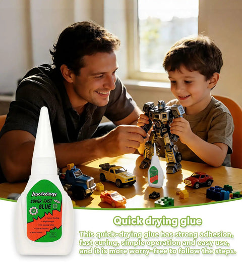 Hella Fast Drying Super Glue For Plastic Repair And Model Fixing With Killer Instant Bond For Abs Pvc Pla 3D Miniatures Precision Tip No Mess Formula Two Pack Bundle visible with child and adult working on toys.