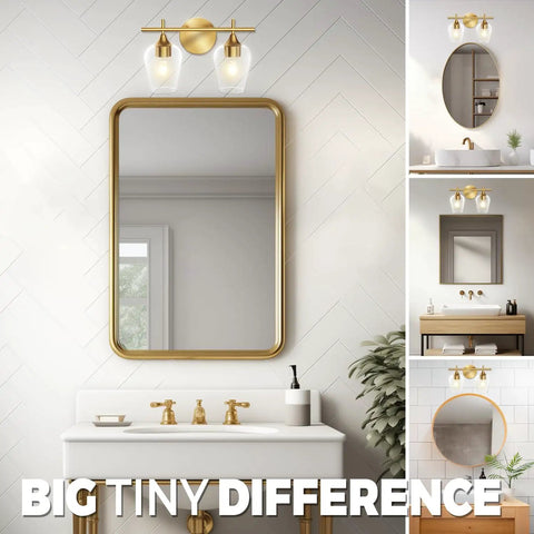 Gold Champagne Glass Vanity Lights Over Mirror, 2 Light Modern Wall Mount Fixture in bathroom with white tiles and mirror