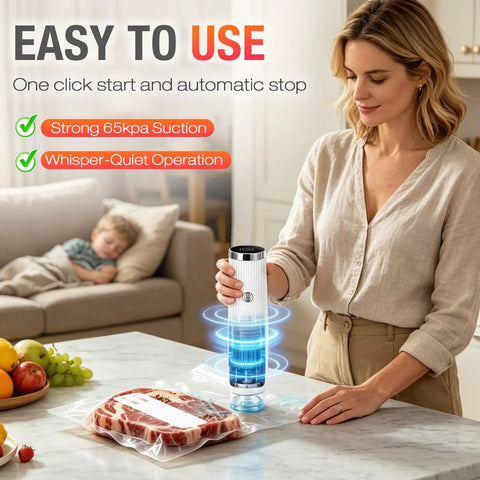 Woman using Compact Handheld Vacuum Sealer For Food With 30 Reusable Bags Portable Automatic Sealing Machine For Freezer Storage