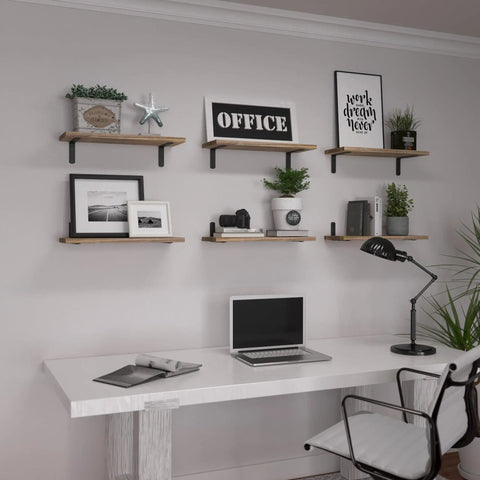 Premium Set Of Six Rustic Brown Floating Wall Shelves Straight Upgrade Your Home With Legit Storage Solutions And Trendy Wall Decor For Bedroom Bathroom Kitchen Organization in an office setup with decorative items.